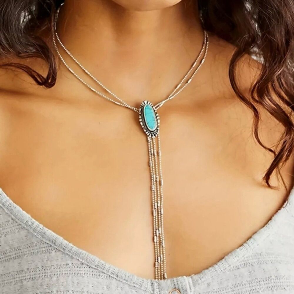 Silver Plated Lariat Necklace with Natural Turquoise